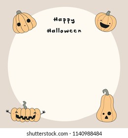 Hand drawn vector illustration of a kawaii funny pumpkin jack o lanterns, with text Happy Halloween, copy space. Isolated objects. Line drawing. Design concept for print, card, invitation.