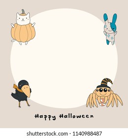 Hand drawn vector illustration kawaii funny crow  cat in pumpkin  zombie bunny  spider  and text Happy Halloween  copy space  Isolated objects  Line drawing  Design concept for print  card 