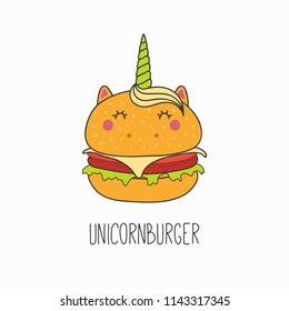 Hand drawn vector illustration of a kawaii funny burger with unicorn horn, ears, with text. Isolated objects on white background. Line drawing. Design concept for cafe menu, children print.