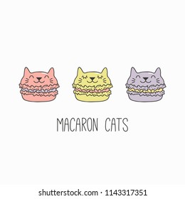 Hand Drawn Vector Illustration Of A Kawaii Funny Macarons With Cat Ears, With Text. Isolated Objects On White Background. Line Drawing. Design Concept For Cafe Menu, Children Print.