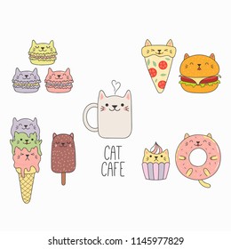 Hand drawn vector illustration kawaii funny food and cat ears  and text  Isolated objects white background  Line drawing  Design concept for cafe menu  children print 