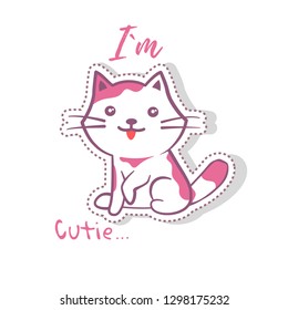 Hand drawn vector illustration of a kawaii funny unicorn cat with slogan phrase i`m cutie. Isolated objects on white background. Line drawing. Design concept for children print.