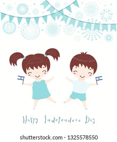 Hand drawn vector illustration of kawaii children with Israel flags, fireworks, bunting, lettering Happy Independence Day. Isolated objects on white background. Design concept for poster, banner, card