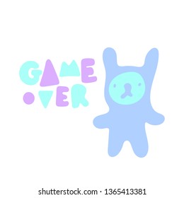 Hand drawn vector illustration of a kawaii funny character and phrase game over. Isolated objects on white background. Doodle line drawing. Design concept for Asia products, children print.