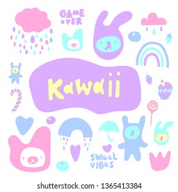 Hand drawn vector illustration of a kawaii funny characters and rainbow, sky, hearts. Isolated objects on white background. Doodle line drawing. Design concept for Asia products, children print.