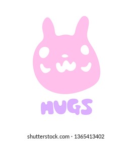 Hand drawn vector illustration of a kawaii funny character and phrase hugs. Isolated objects on white background. Doodle line drawing. Design concept for Asia products, children print.