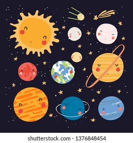 Hand drawn vector illustration of kawaii solar system planets and sun. Isolated objects on dark background. Scandinavian style flat design. Concept for children print.