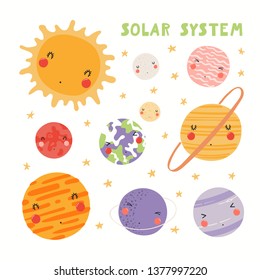 Hand drawn vector illustration of kawaii solar system planets and sun. Isolated objects on white background. Scandinavian style flat design. Concept for children print.