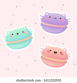 Hand drawn vector illustration of a kawaii funny macarons with cat earsand face. Isolated objects on pink background. macaroon cakes. Design for cafe menu, children print, sticker, poster
