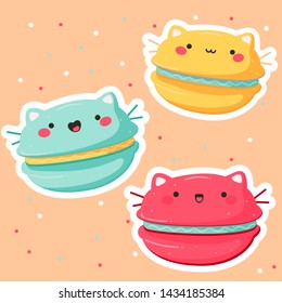 Hand drawn vector illustration of a kawaii funny macarons with cat earsand face. Isolated objects on orange background. macaroon cakes. Design for cafe menu, children print, sticker, poster