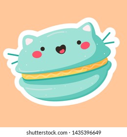 Hand drawn vector illustration of a kawaii funny macaron with cat earsand cute face. Isolated objects on  background. macaroon cakes. Design for cafe menu, children print, sticker, poster