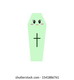 Hand drawn vector illustration of a kawaii funny coffin, with text Happy Halloween, Trick or treat in a speech bubble. Isolated objects. Line drawing. Design concept for print, card, party invitation
