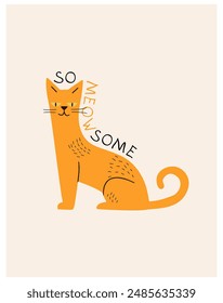 Hand drawn vector illustration of a kawaii funny cat. Isolated objects on white background. Doodle style drawing. Design concept for children print. Childrens cute greeting card