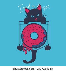 Dibujado a mano Ilustración vectorial de una divertida dona kawaii con orejas de gato. Objetos aislados sobre fondo blanco. Dibujo de líneas. Concepto de diseño para el menú del café del gato,