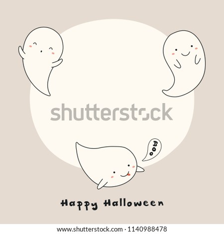 Hand drawn vector illustration of a kawaii funny ghosts, with text Happy Halloween, space for copy. Isolated objects. Line drawing. Design concept for print, card, invitation.