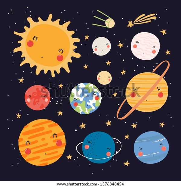 川井太陽系惑星と太陽の手描きのベクトルイラスト 暗い背景に分離型オブジェクト 北欧スタイルのフラットデザイン 子供用のコンセプトが印刷されます のベクター画像素材 ロイヤリティフリー