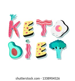 Hand drawn vector illustration of ketogenic products. Stylized lettering dedicated to the keto diet.