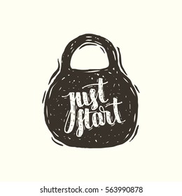 Hand drawn vector illustration of the kettlebell in linocut style with hand lettering inscription Just Start