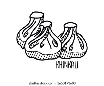 Handgezeichnete Vektorillustration-Illustration von Khinkali. Doodle einzeln auf weißem Hintergrund mit handgeschriebenem Titel der Schüssel.