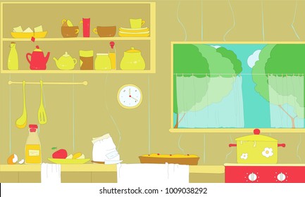 Hand drawn vector illustration of a kitchen with furniture at the moment of cooking process.Primitive cartoon style.