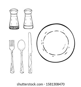 Hand drawn vector illustration. Kitchen utensils, tools, accessories, plate, salt shaker, knife, fork, spoon. Sketch, black lines on white background, cute.