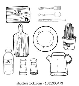Hand drawn vector illustration. Kitchen utensils, tools, accessories, plate, salt shaker, knife, fork, spoon, Board, kettle, set. Sketch, black lines on white background, cute.