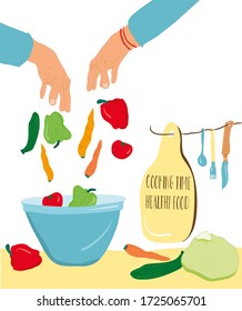 Handgezeichnete Vektorgrafik mit Küche. Zwei Hände kochen gesunden organischen Salat aus Gemüse. Hausküche im Doodle-Stil. Geschirr, Salatschale und Innenausstattung. Pfeffer, Karotten, Kohl 