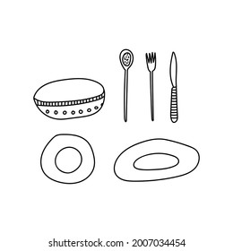 Hand drawn vector illustration of kitchen utensils - plates, bowl, spoon, fork and knife. Abstract cartoon doole style isolated on white background