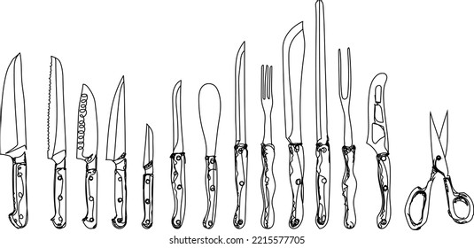 ilustración vectorial hecha a mano de cuchillos de cocina