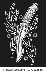 Hand drawn vector illustration knife. Can be used for tattoo, print, t-shirt, poster and cards.