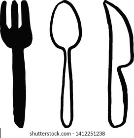 Hand drawn vector illustration. Knife fork and spoon. Abstract restaurant menu design. Isolated white background.