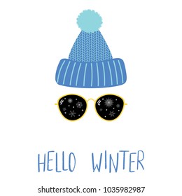 Hand drawn vector illustration of a knitted hat, sunglasses with snowflakes reflected inside the lenses, text Hello Winter. Isolated objects on white background. Design concept for change of seasons.