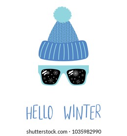 Hand drawn vector illustration of a knitted hat, sunglasses with snowflakes reflected inside the lenses, text Hello Winter. Isolated objects on white background. Design concept for change of seasons.