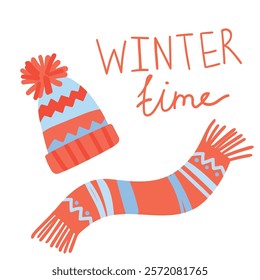 hand drawn vector illustration with knitted red hat and scarf and winter time lettering