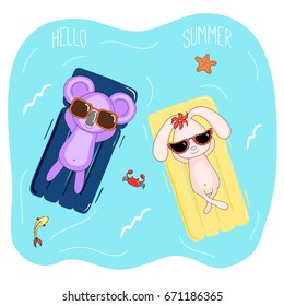 Hand drawn vector illustration of a koala and bunny in sunglasses floating in the sea on inflatable air mattresses, with fish, starfish and crab, text Hello Summer. Isolated objects. Design concept.