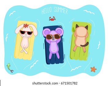 Hand drawn vector illustration of a koala, bunny and cat in sunglasses floating in the sea on inflatable air mattresses, with fish, starfish and crab, text Hello Summer. Design concept for kids.