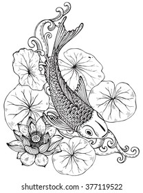 Hand drawn vector illustration of Koi fish (Japanese carp) with lotus leaves and flower. Symbol of love, friendship and prosperity. Black and white image. Can be used for tattoo, coloring books