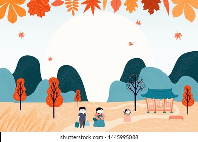 Hand drawn vector illustration for Korean holiday Chuseok, with country landscape, family visiting grandparents, falling leaves, full moon. Flat style design. Concept for card, poster, banner.