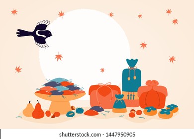 Hand drawn vector illustration for Korean holiday Chuseok, with gifts, persimmons, mooncakes, chestnuts, jujube, pears, leaves, full moon, magpie. Flat style design. Concept for card poster banner