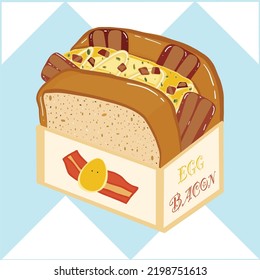 Hand drawn vector illustration of Korean sandwich or egg drop with toasted bread, scrambled egg, bacon, mayonnaise, oregano in cute designed ready to eat box isolated on white background.