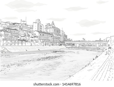 Hand drawn vector illustration. Kyoto downtown, scenic landscape view, with people walking along the Kamo river.