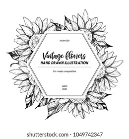 Hand drawn vector illustration. Label with sunflowers. Botanical design elements. Perfect for menu, cards, prints, packing, leaflets