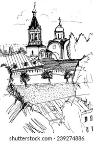 Hand drawn vector illustration. Landscape with church. Old russian town cityscape. Sketch drawing of view of Vladimir town. The Golden Ring of Russia. 