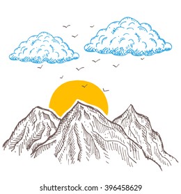 Hand drawn vector illustration - landscape with mountains, yellow sun and clouds in the sky. Sketch style