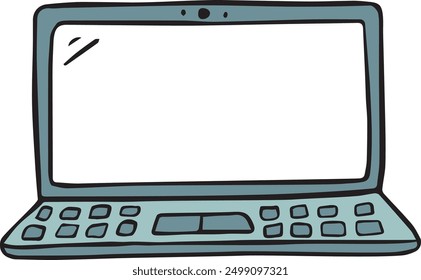 Hand drawn vector illustration of laptop computer with screen. IT technology, work from home. Business, connection concept. Isolated vector object, icon clipart. Electronic device. Line art, doodle