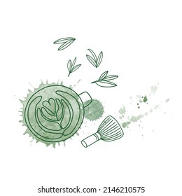 Ilustración vectorial dibujada a mano de té verde lata con salpicadura de color agua