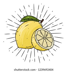 Hand drawn vector illustration with Lemon fruit and divergent rays. Used for poster, banner, web, t-shirt print, bag print, badges, flyer, logo design and more. 