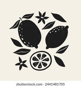 Hand drawn vector illustration lemon in black colors. Modern abstract fruit art print. Vector illustration. Trendy design for poster, wall decor, card, sticker, decoration template.