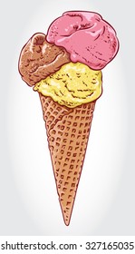 Hand drawn vector illustration of Lemon, Raspberry and Chocolate Ice Cream on a cone.