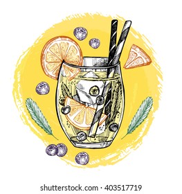 Hand drawn vector illustration - Lemonade with blueberry, mint and lemons.